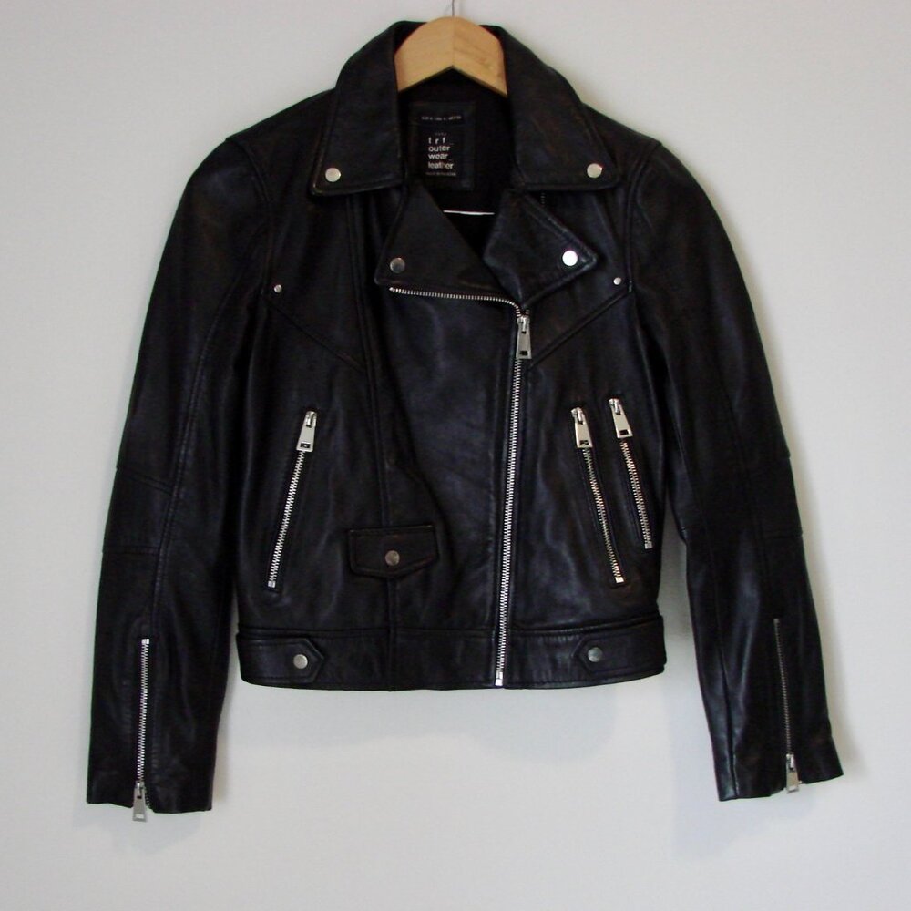 ZARA Black Faux Leather Moto Jacket Bomber Coat Zippers Soft Size Small